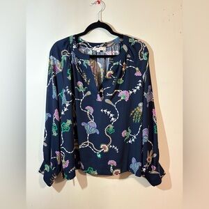 Loft Women’s Large blouse navy blue long-sleeve colorful paisley floral top